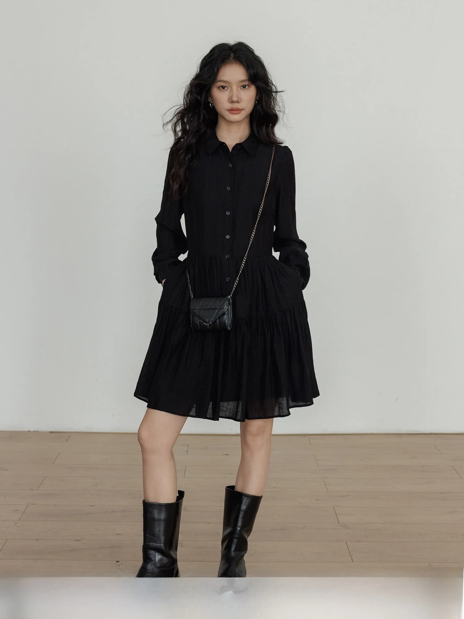Elegant Black Long Sleeve Shirt Collar Dress Women's A-Line Skirt Vastand Autumn New Style Slimming Long Dress for City Commu...