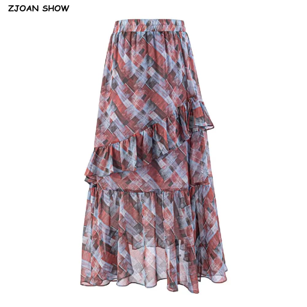 CHIC Gonna lunga maxi da donna con stampa geometrica tie-dye a quadri, orlo con volant e spacco, vita alta elasticizzata, linea ad A, lunghezza al pavimento Sakers
