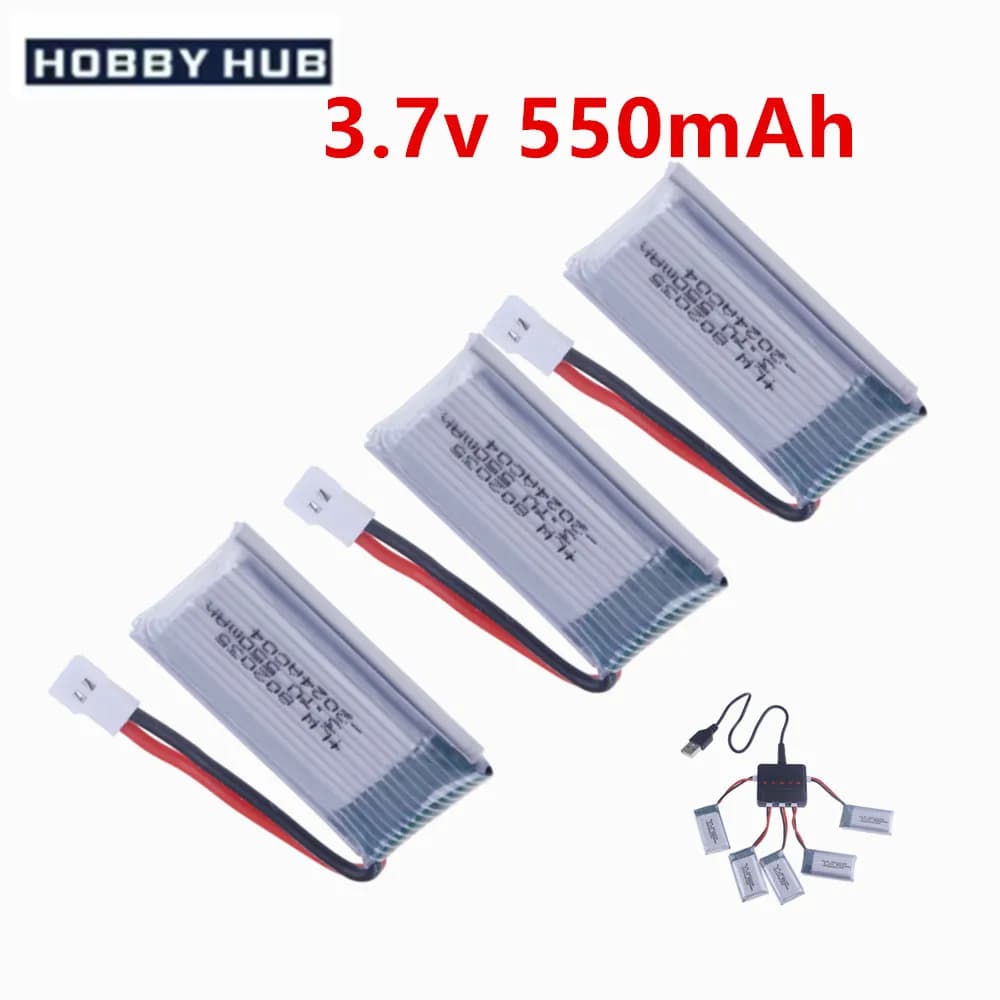 Batteria Lipo 1S 3.7V 550mAh 35C o Caricabatterie 5 in 1 per Droni RC X4 H107 H31 KY101 E33C E33 U816A V252 H6C - Ricambio