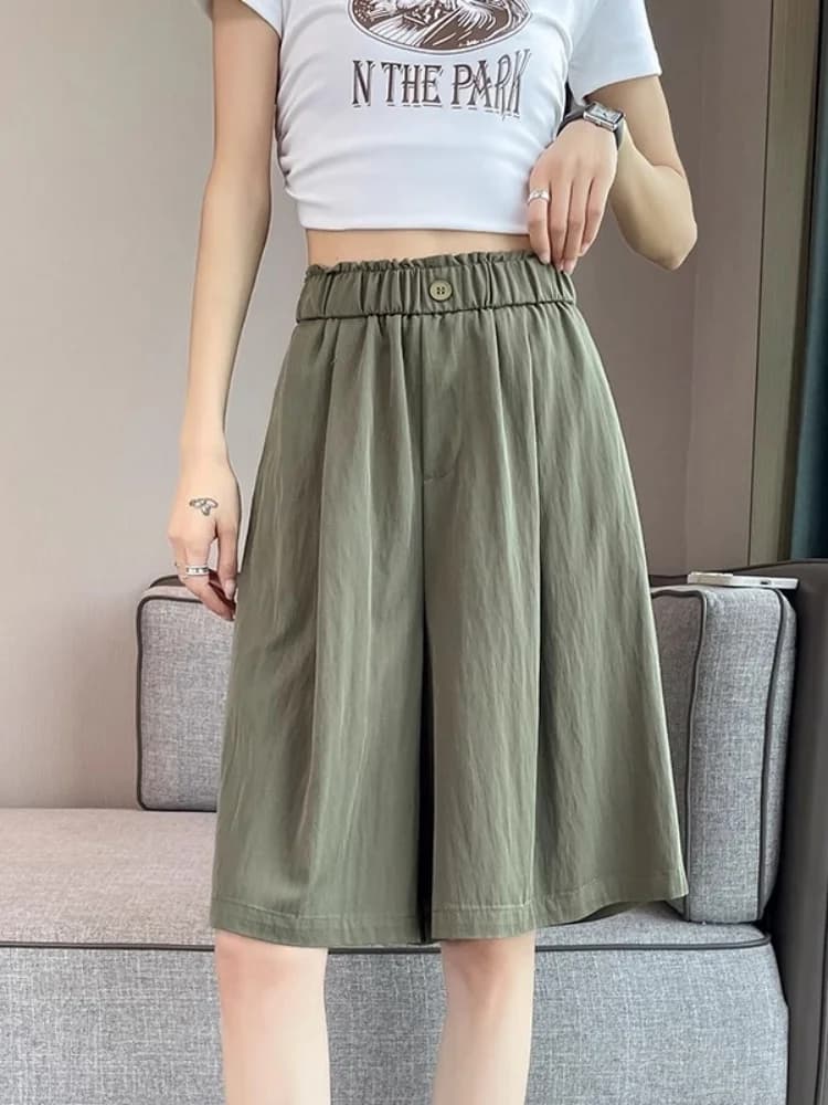 High Waist Wide Leg Ice Silk Shorts Women's Spring Summer New Style Large Size Casual Loose Fit Five-Quarter Skirt Pants