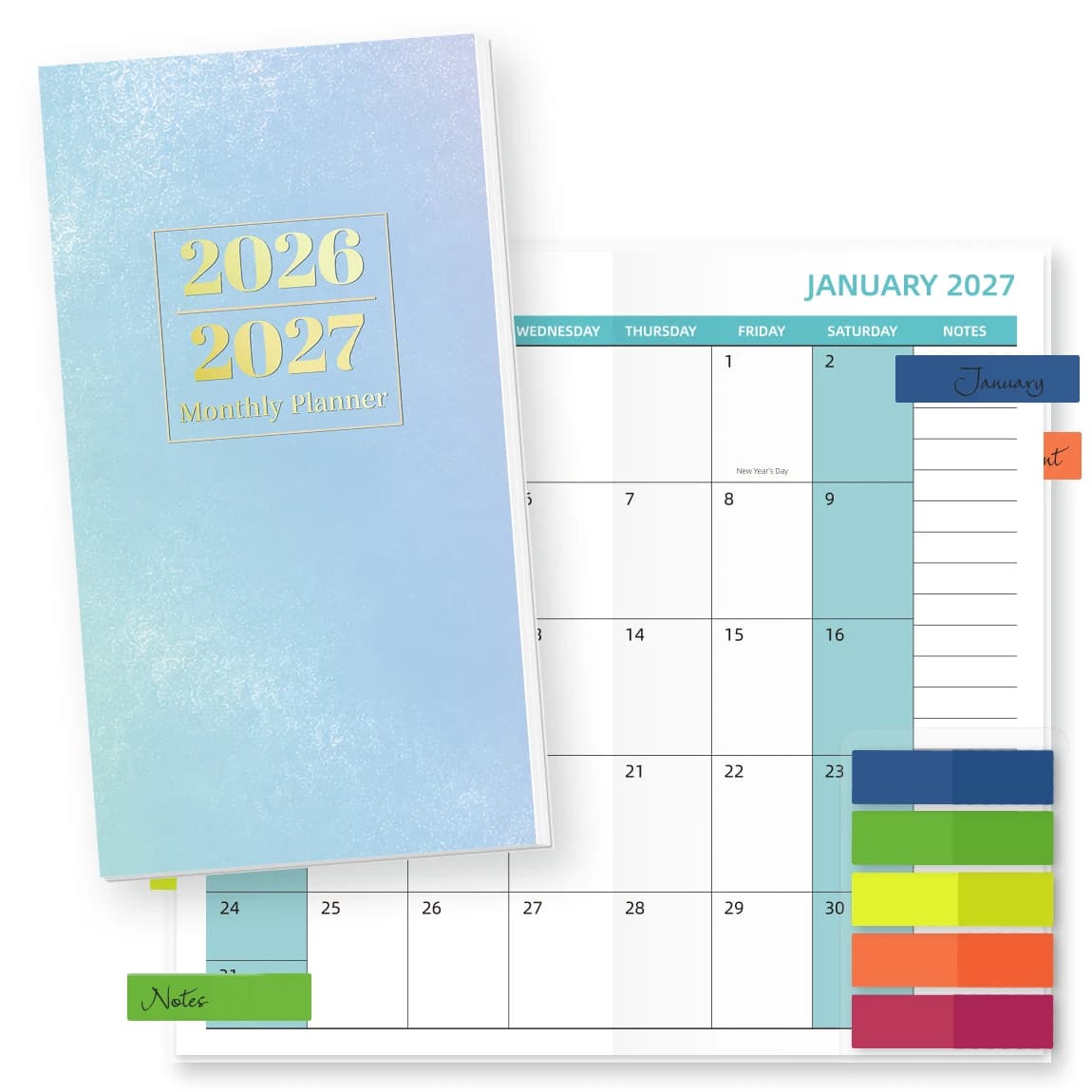 1PC A6 Monthly Planner Notebook, Glitter Blue, 2026-2027 Calendar with Stickers or Index Tabs, for School & Office