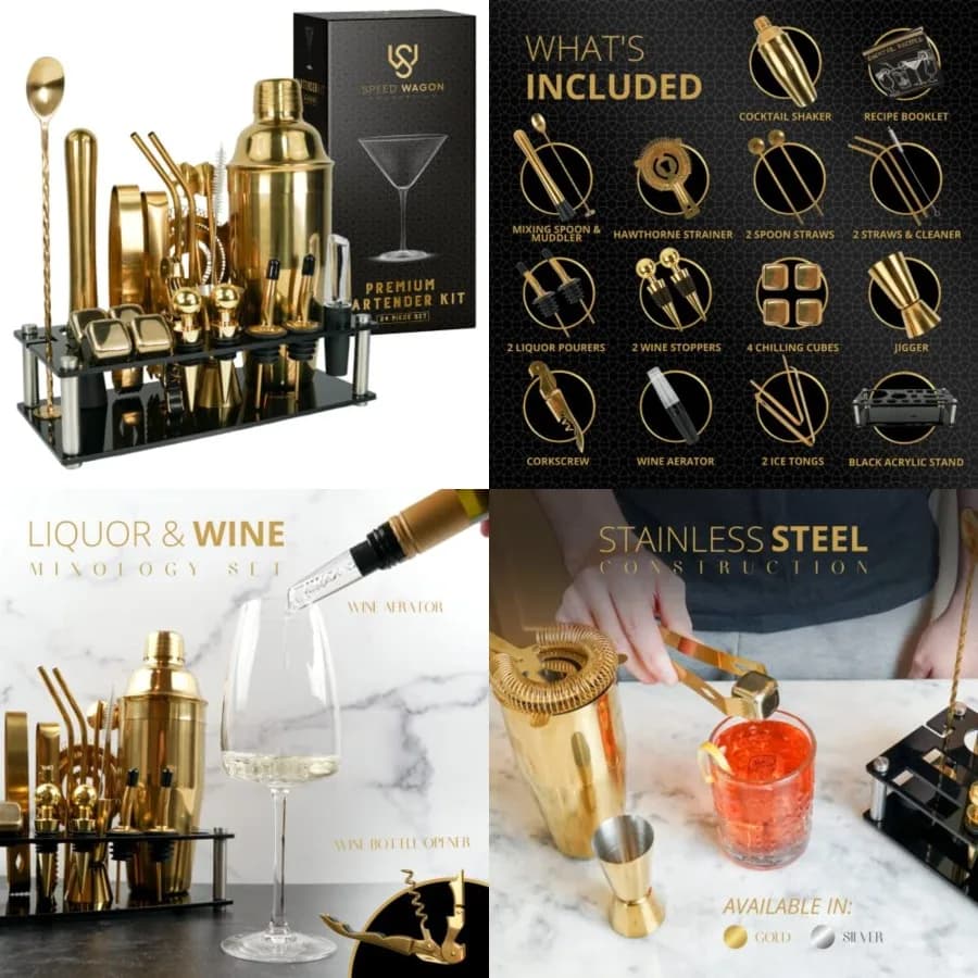 Set da Barman per Mixology 24 Pezzi con Supporto, Accessori Essenziali per Bar Domestico, Shaker per Martini, Jigger, Muddler, Refrigeratore