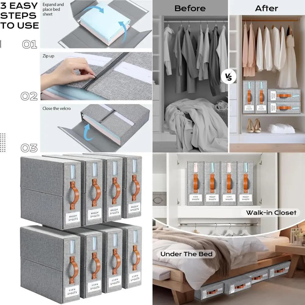 Organizzatore per Lenzuola Grigio per Letti Queen e King con Finestra e Etichetta per Conservazione Biancheria da Letto e Federe