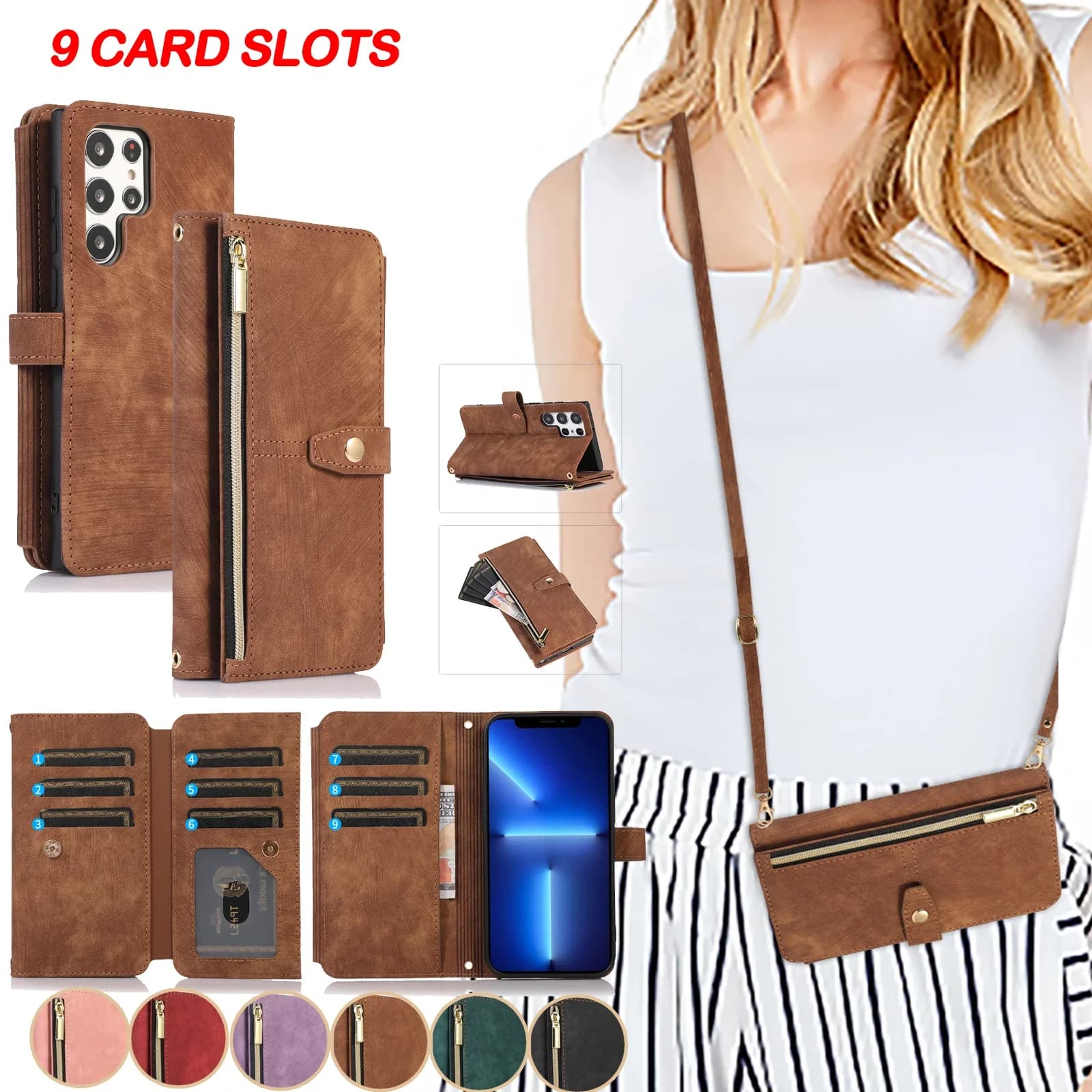 Custodia per telefono a tracolla per Samsung Galaxy S23 S24 FE S25 Ultra Edge A15 A35 A55 A06 A16 A26 A36 A56 5G Porta carte di credito in pelle