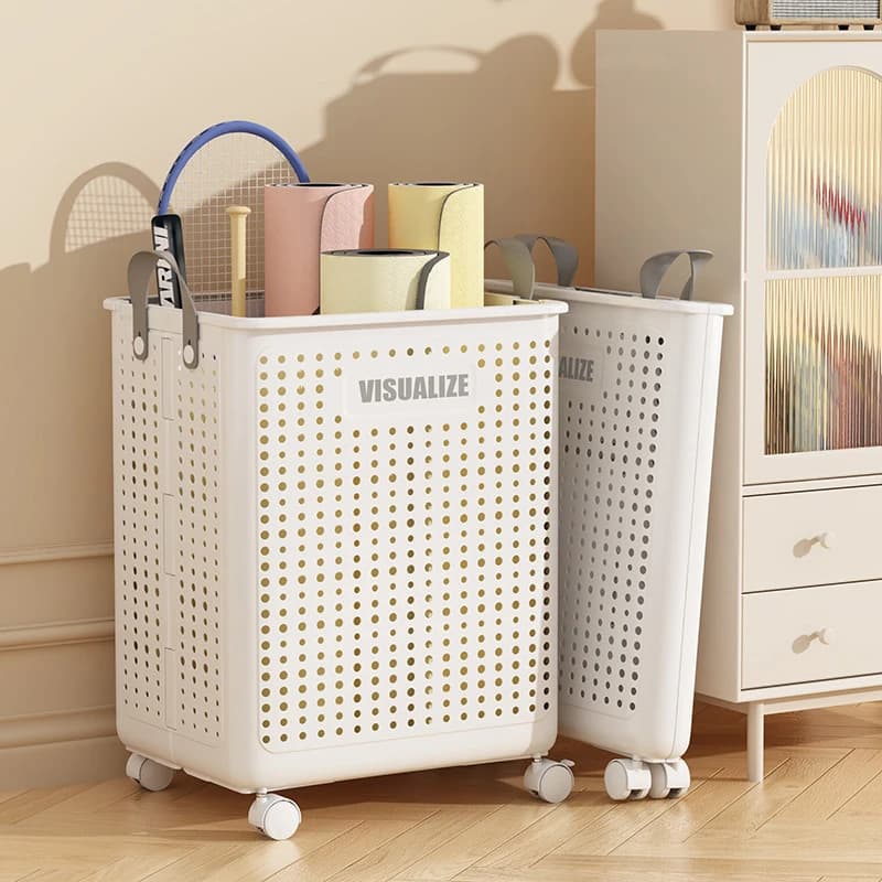 Cesto portaoggetti per tappetini yoga con ruote, organizer per attrezzature fitness domestico, scaffale pieghevole in plastica per riporre articoli sportivi da badminton