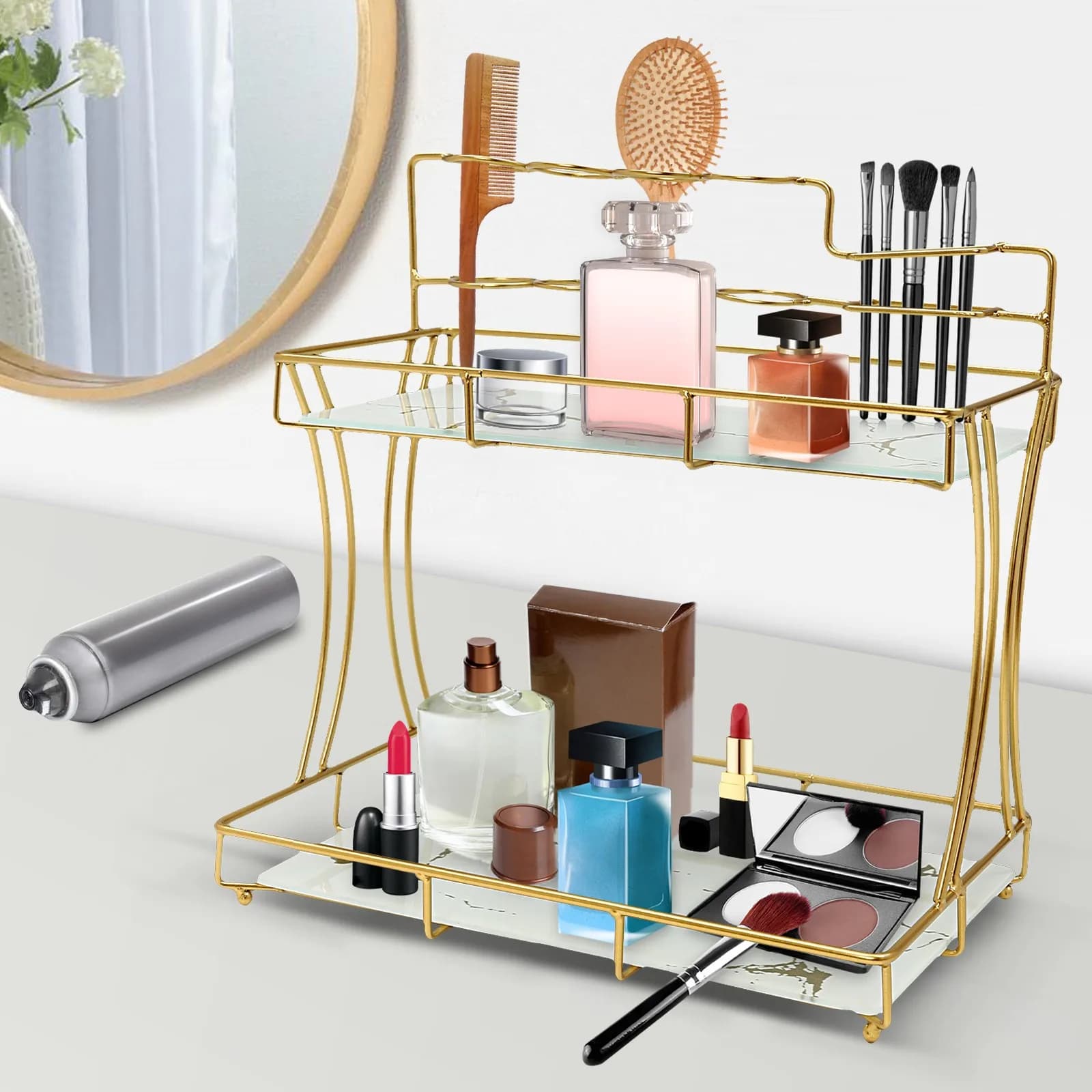 Organizzatore da Bagno per Piano d'Appoggio con Porta Spazzolini, Mobiletto a 2 Livelli per Bagno