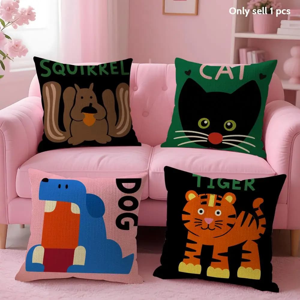 Fodera per Cuscino con Stampa Animale Cartone Animato Gatto Tigre, in Lino Naturale Biologico, Stampa Fronte-Retro, per Divano, Arredamento Casa, Regalo