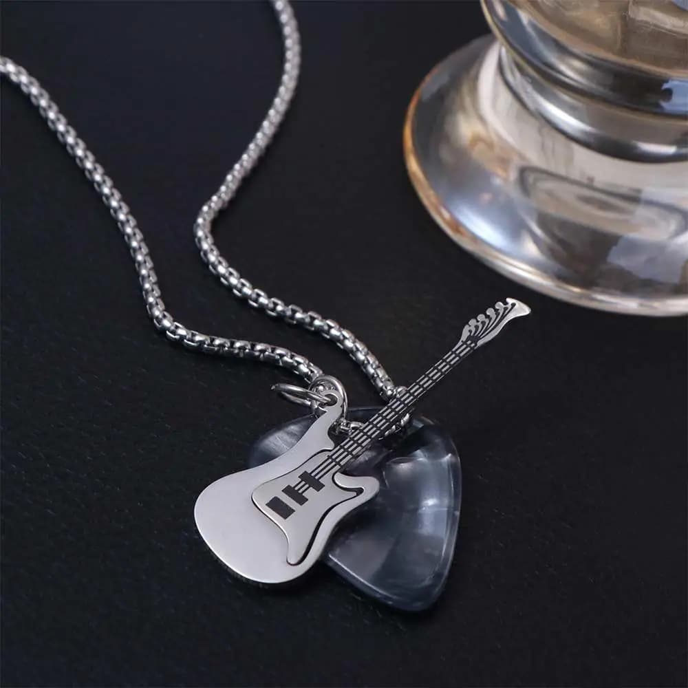Collana con Ciondolo Plettro per Chitarra Hip-hop in Acciaio al Titanio, Girocollo Punk con Chitarra, Collana Trendy Vintage con Chitarra Elettrica, Collana per Maglione, per Coppia