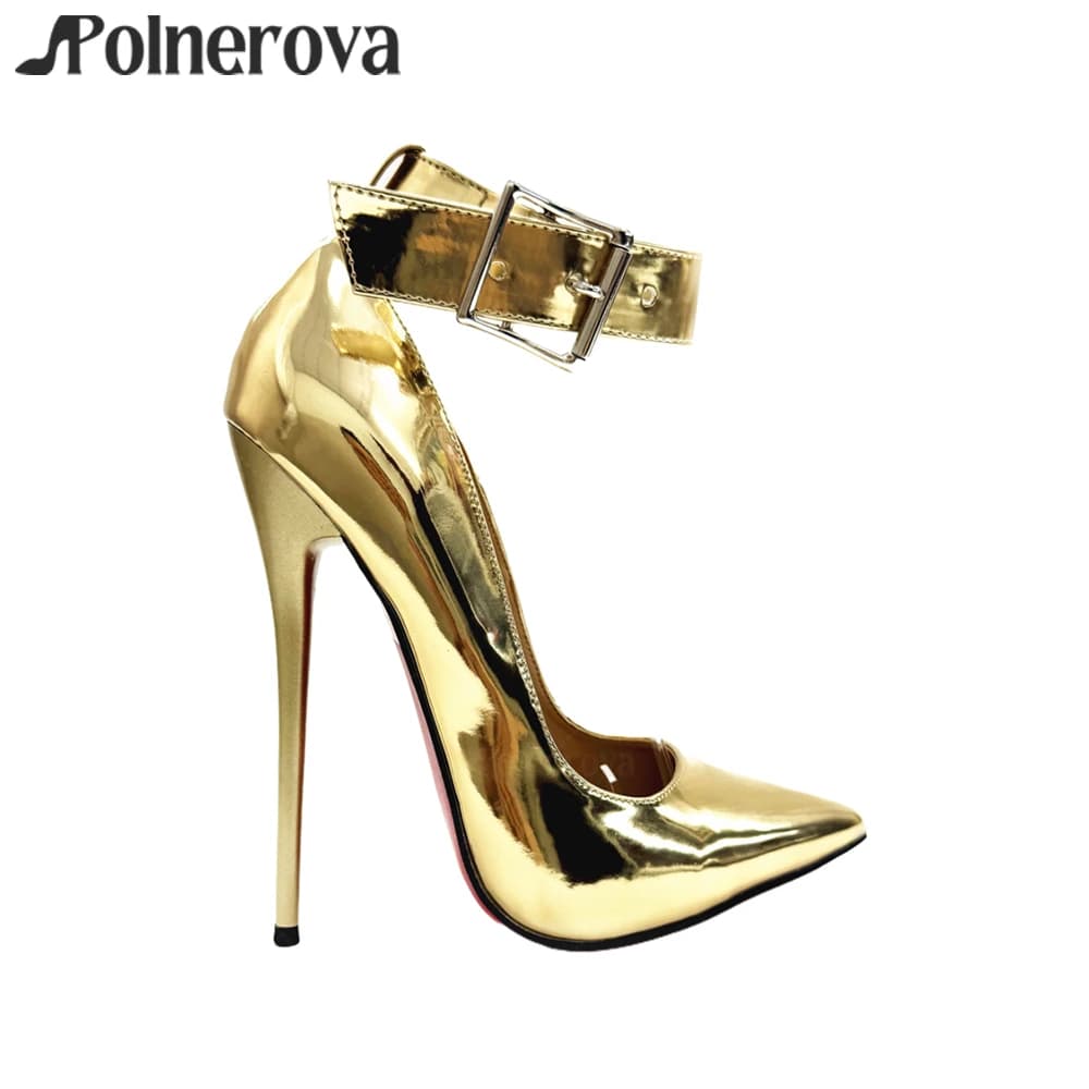 Décolleté with 16 cm clasp Sexy spike stiletto heels Ankle buckle Painted leather high heels Designer Metal clasp Belt buckle Lacquered heels