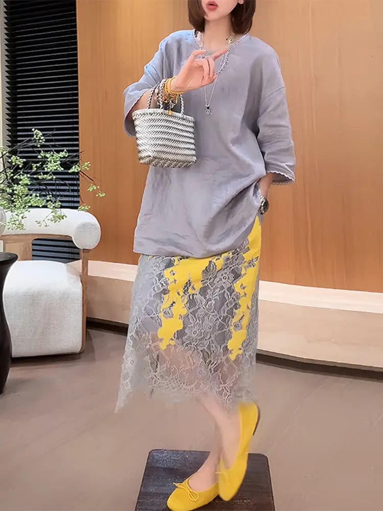 Gray Lace Halter Neck Shirt And High Waist Skirt Two Piece Set Korean Style Summer Fashion Women's Comfortable Casual Ou...