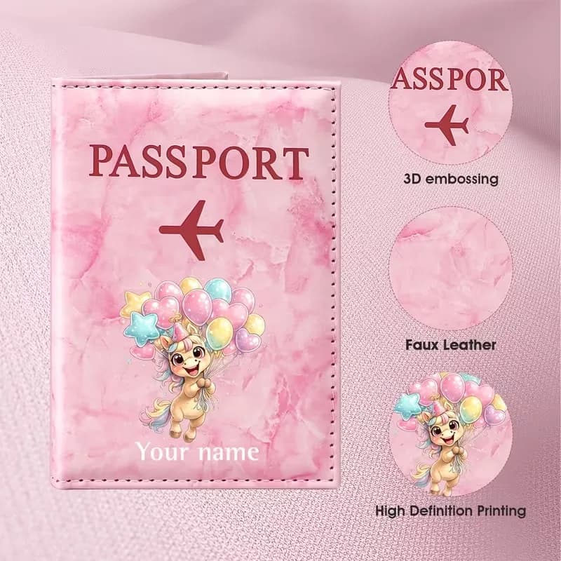 Personalized Custom Name Cute Cartoon Bear Balloon Illustration Passport Holder, Adorable Bear Holding Colorful Balloons Design
