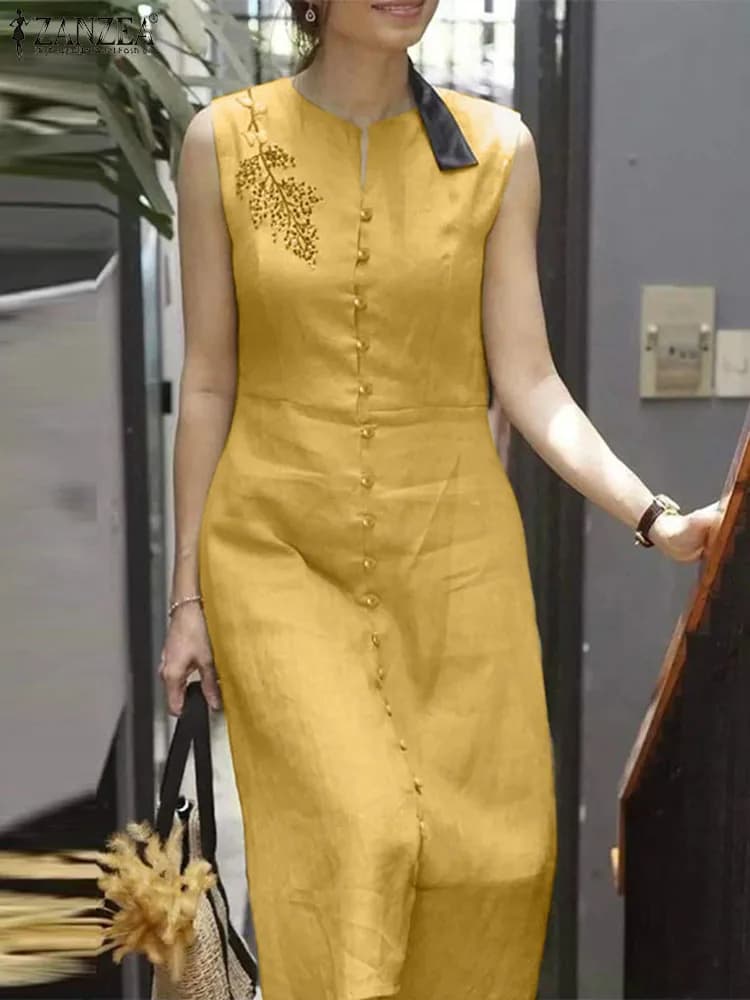 ZANZEA estate elegante ricamo floreale vestito donna moda senza maniche abiti Casual partito prendisole femminile Vintage Robe 2024