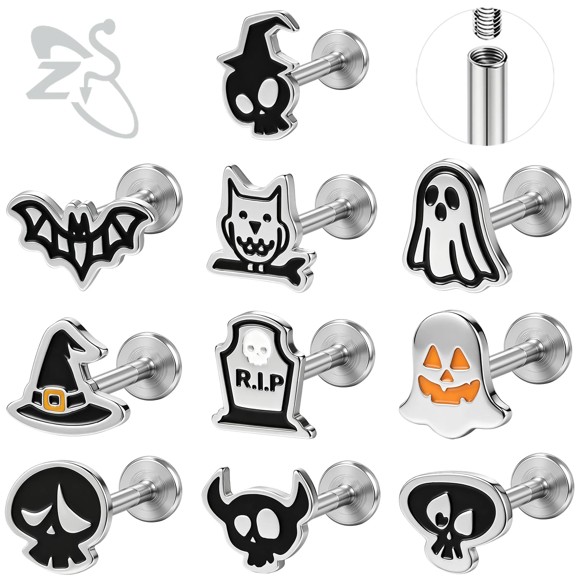 ZS 1 PC Halloween Series Stainless Steel Labret Lip Piercing Bat Ghost Shape Earring Punk Ear Cartilage Helix Piercings Jewelry