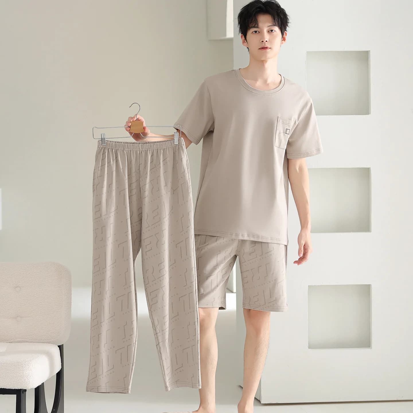 Set di 3 Pezzi Pigiama Estivo da Uomo in Cotone, Maniche Corte, Pantaloncini e Pantaloni Lunghi, Abbigliamento da Casa per Ragazzi e Uomini, Pijama Maschile, Dropship