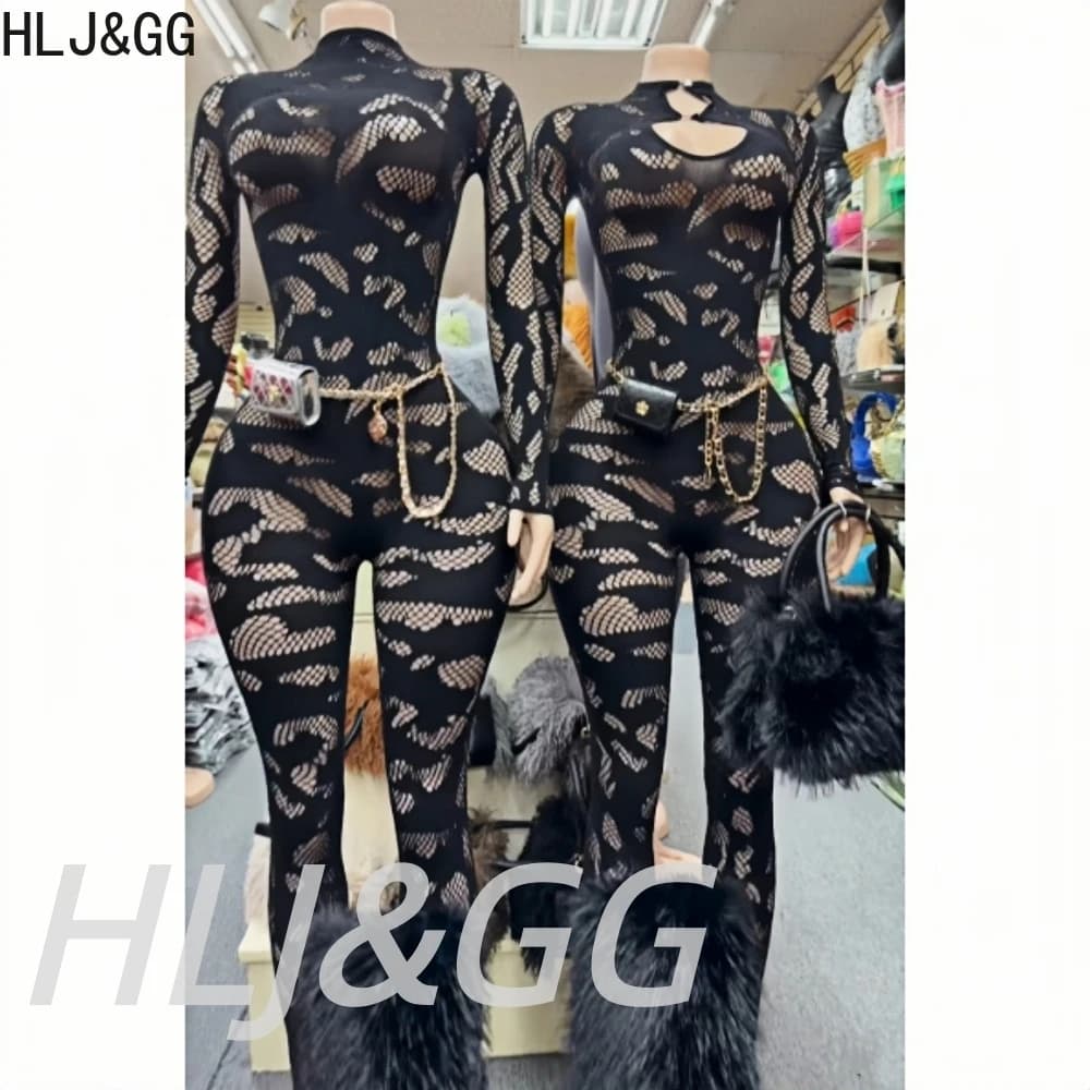 HLJ&GG Sexy Lace See Through Hollow Bodycon One Piece Sets Women Round Neck Long Sleeve Slim Playsuits Fashion Stretchy Overalls