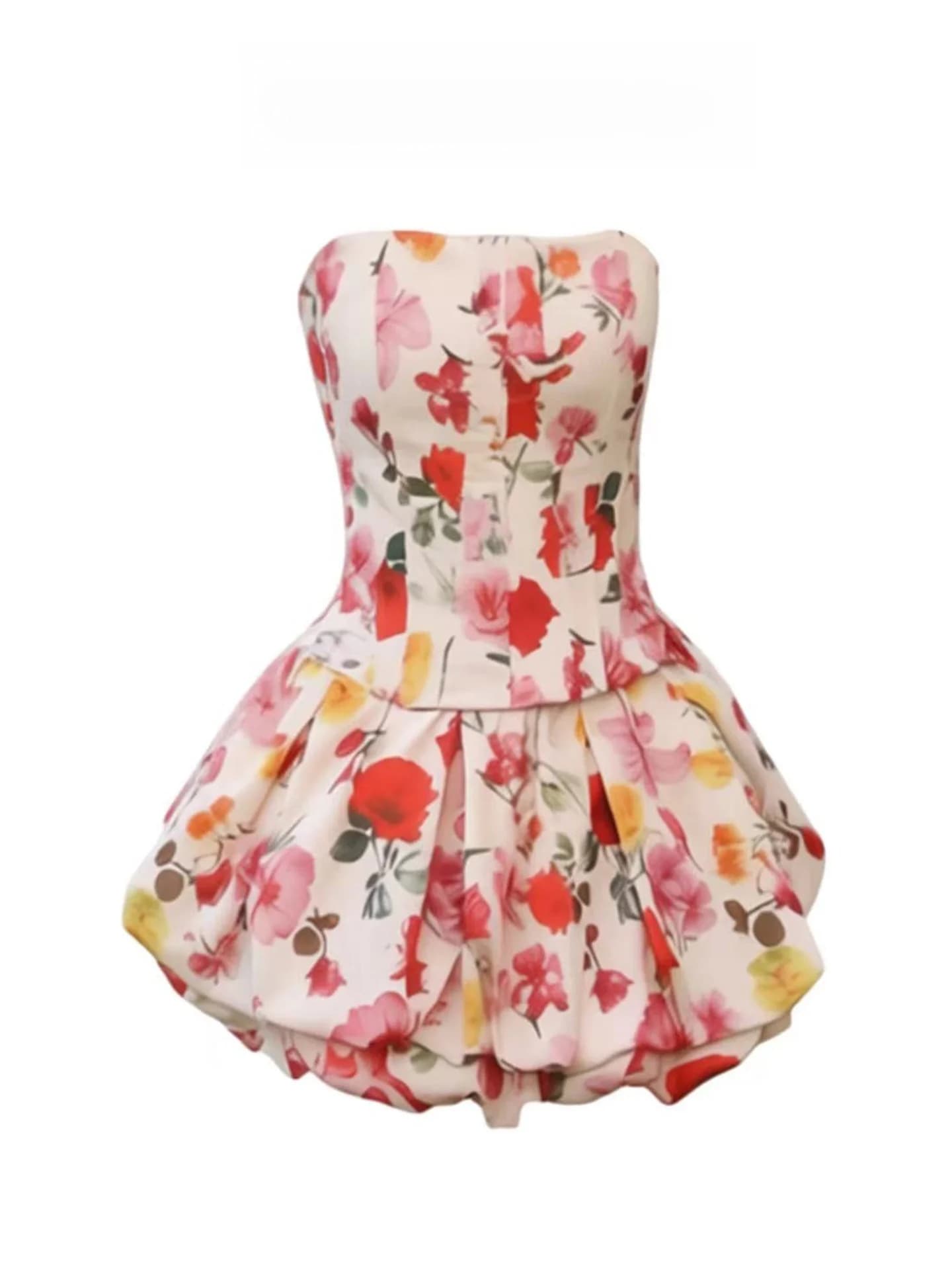 Summer Floral Halter Neck Crop Top And Skirt Set Women's Fashion Vacation Floral Print Bunching Cake Skirt Two-Piece Suit