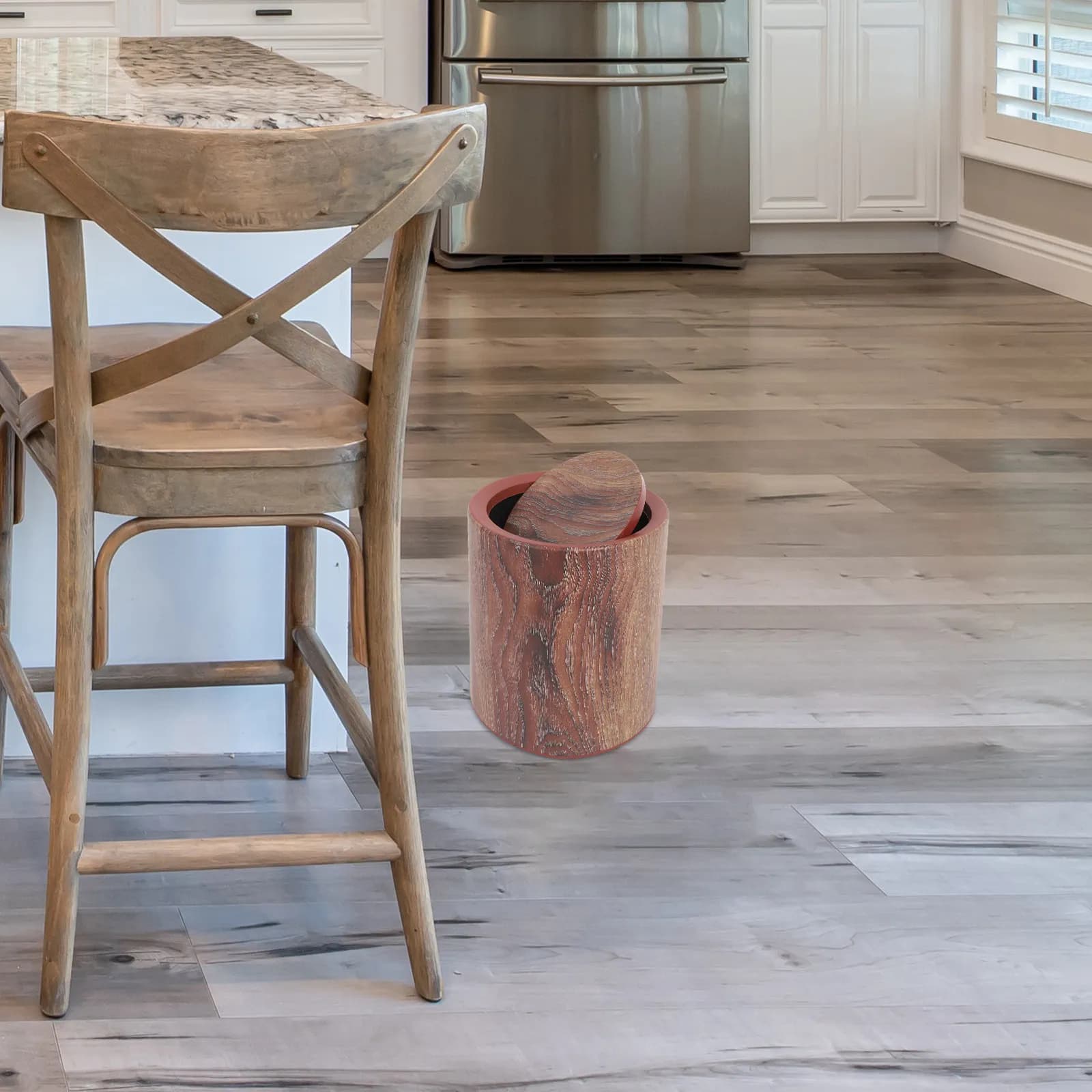 Wood Grain Trash Can Swing Top Lid Round Plastic Garbage Bin Home Kitchen Bathroom Office Wastebasket Rubbish Holder Flip Lid