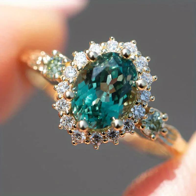Jianjie Charming Oval Cutting Green Zirconia Rings for Women Shining Crystal Party Wedding Fashion Jewelry Accessories