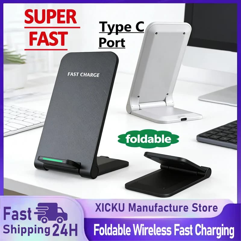 Supporto Caricabatterie Wireless Pieghevole a Ricarica Rapida per iPhone 17 16 15 14 13 Pro Samsung Xiaomi - Base da Scrivania