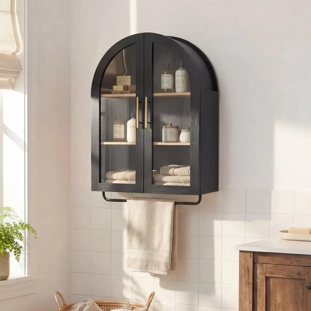 Mobiletto da Bagno ad Arco, Armadietto Moderno da 23,6 Pollici con Portasciugamani e Ripiano Regolabile, Mobiletto da Parete Sopra il WC