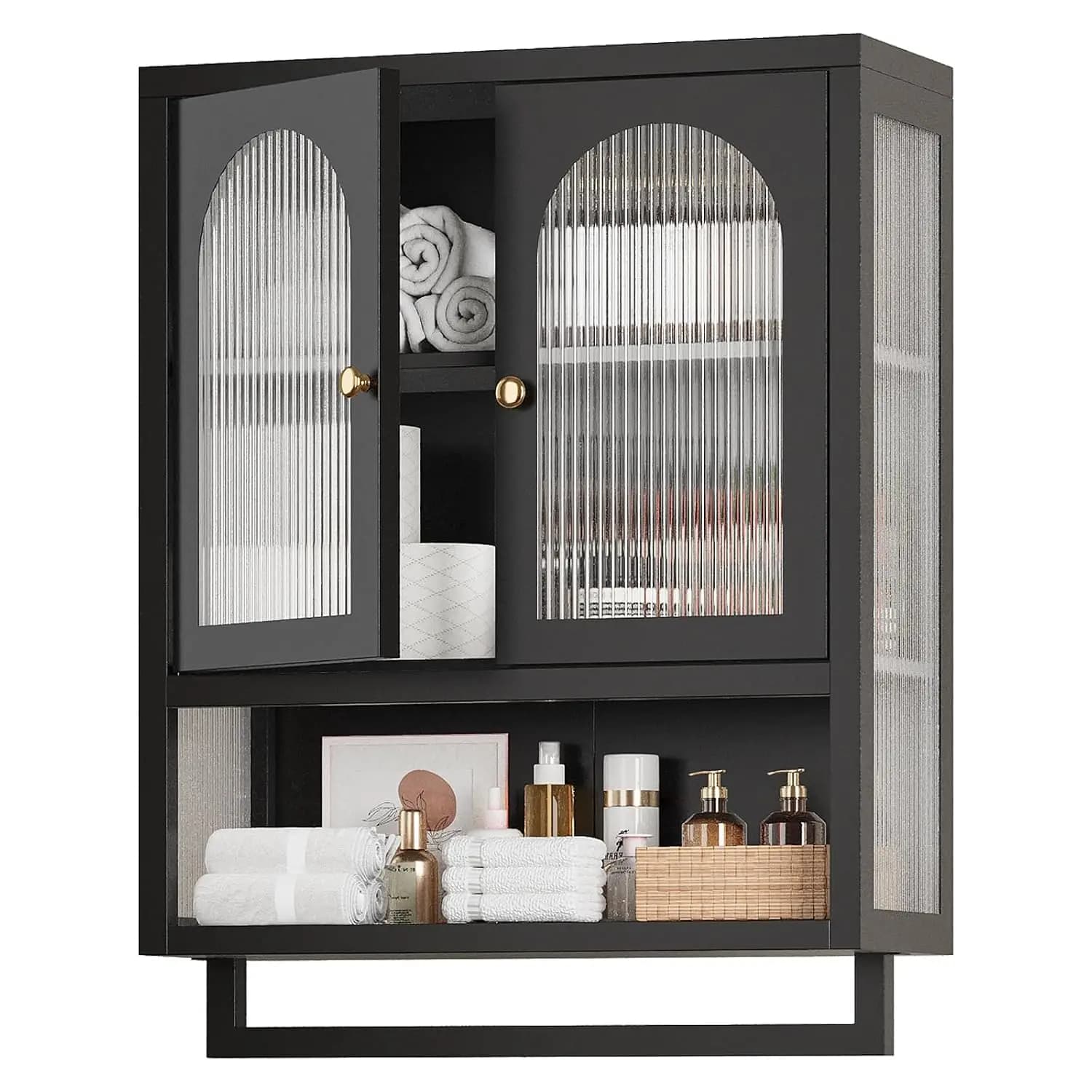 Metal Bathroom Wall Cabinet with Fluted Glass Door and Towel Bar, Black | Wall-Mounted Medicine Cabinet Ideal for, Customized