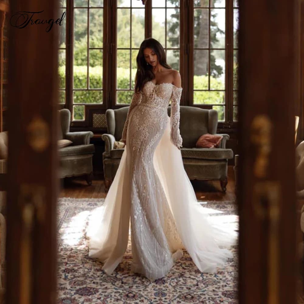 Abiti da sposa sexy a sirena personalizzati con spalle scoperte Vestido De Novia in pizzo con perline treno staccabile Robe De Mariee vintage