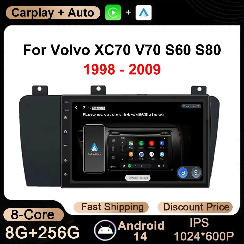 Per Volvo XC70 V70 S60 S80 1998 1999 - 2009 CarPlay Auto 7 pollici Android 14 Autoradio Lettore video Unità principale DSP GPS 4g wifi
