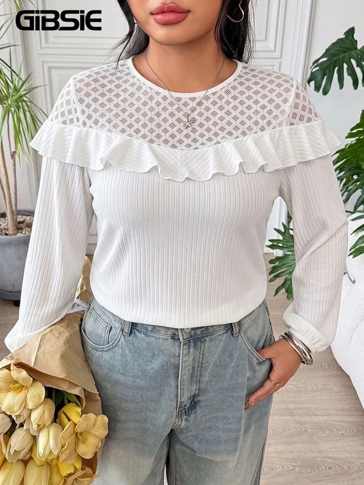 GIBSIE Plus Size Ruffle Trim Round Neck Rib-knit Top Women Spring and Autumn Long Sleeve Tie Back Sweet White Blouses Shirt