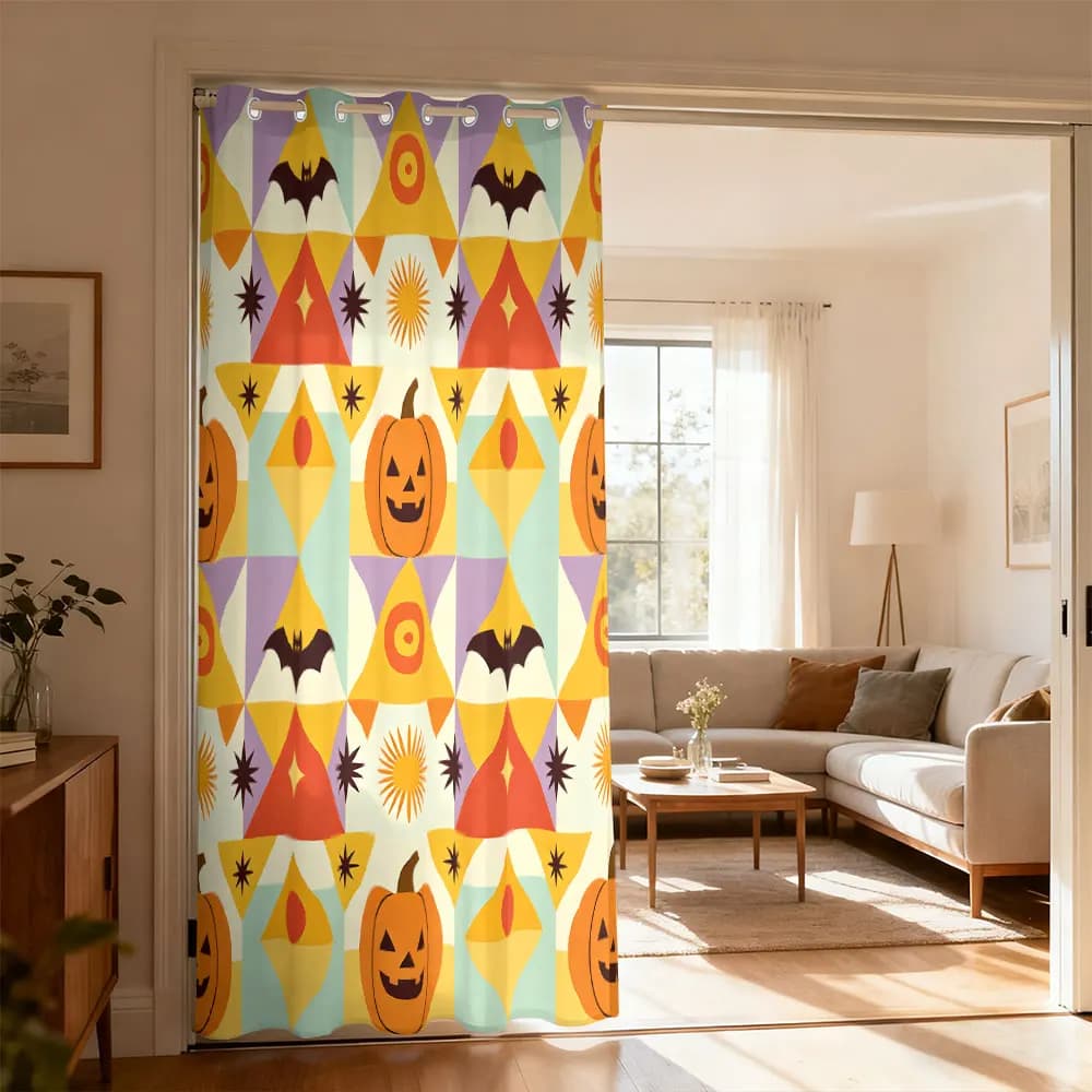 1pc Halloween pumpkin bat geometric print single-piece loop curtain single-piece loop curtain living room home decoration