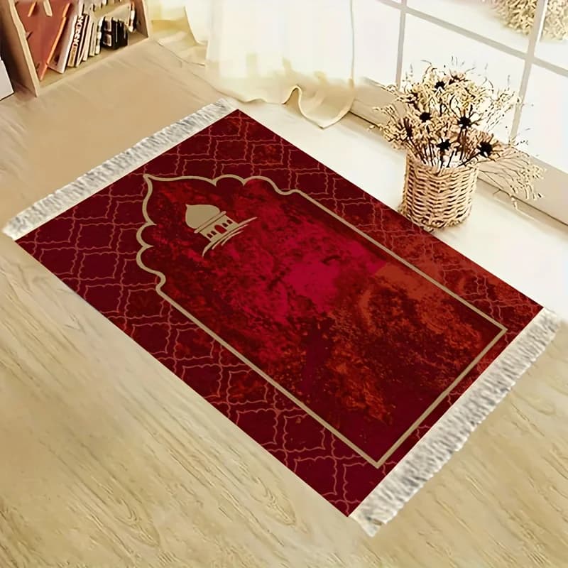 Tappeto da Preghiera VIKAMA Burgundy Gold Dome, Tappetino Minimalista per il Culto con Nappe Bianche, Tappeto Islamico per la Preghiera per Casa e Camera da Letto