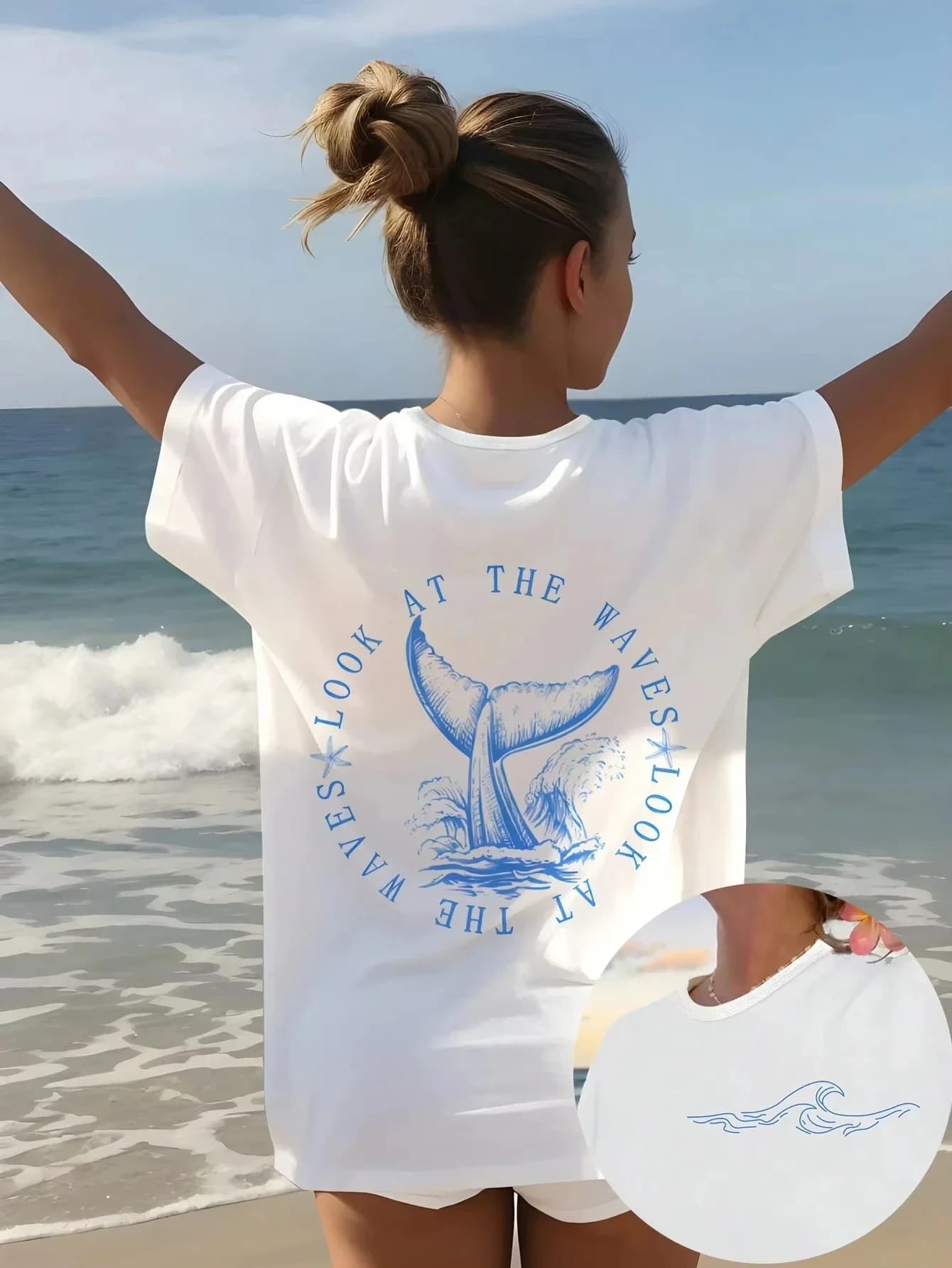 Fashion Summer Short-sleeved Casual T-shirt "Look At The Waves Whale Tail and Lettering Print T-shirt