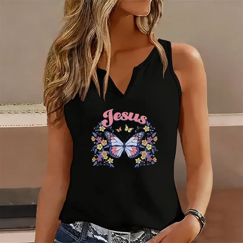 Divertente Canotta Senza Maniche con Stampa Floreale e Farfalle, Scollo a V, Stile Casual Y2K, T-Shirt da Donna