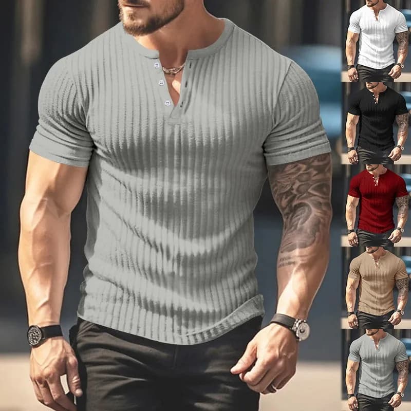T-shirt casual nera in maglia a costine, top bianco con scollo a V, orlo curvo rosso, manica corta grigio beige