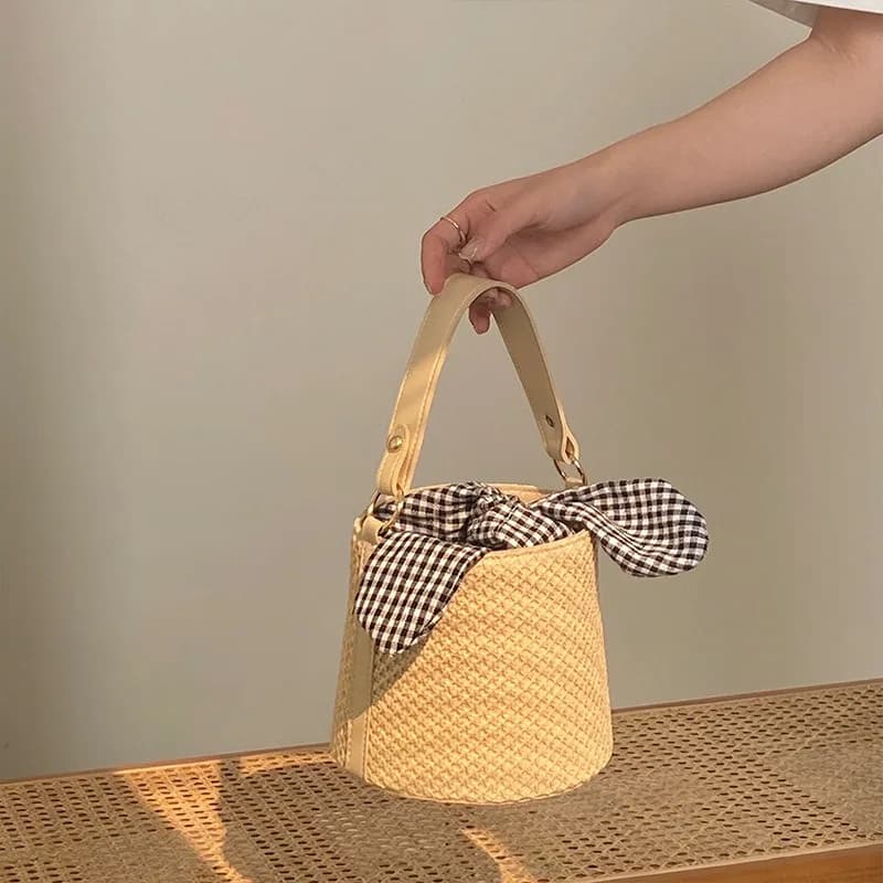 1 pz borsa a secchiello in paglia intrecciata borsa con manico superiore con nodo alla moda borsa da donna in tessuto a tracolla borsa casual estiva alla moda