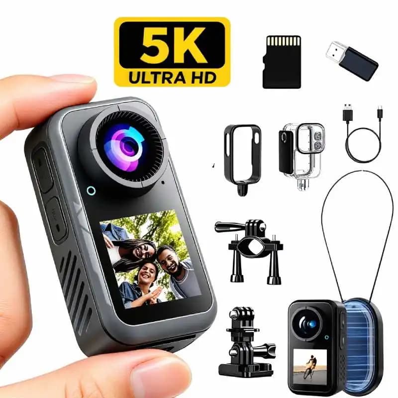 Videocamera Indossabile 5K/1080P con EIS Anti-Shake, Schermo Touch, Action Cam Portatile Tascabile per Viaggi, Ciclismo, Escursionismo e Vlog