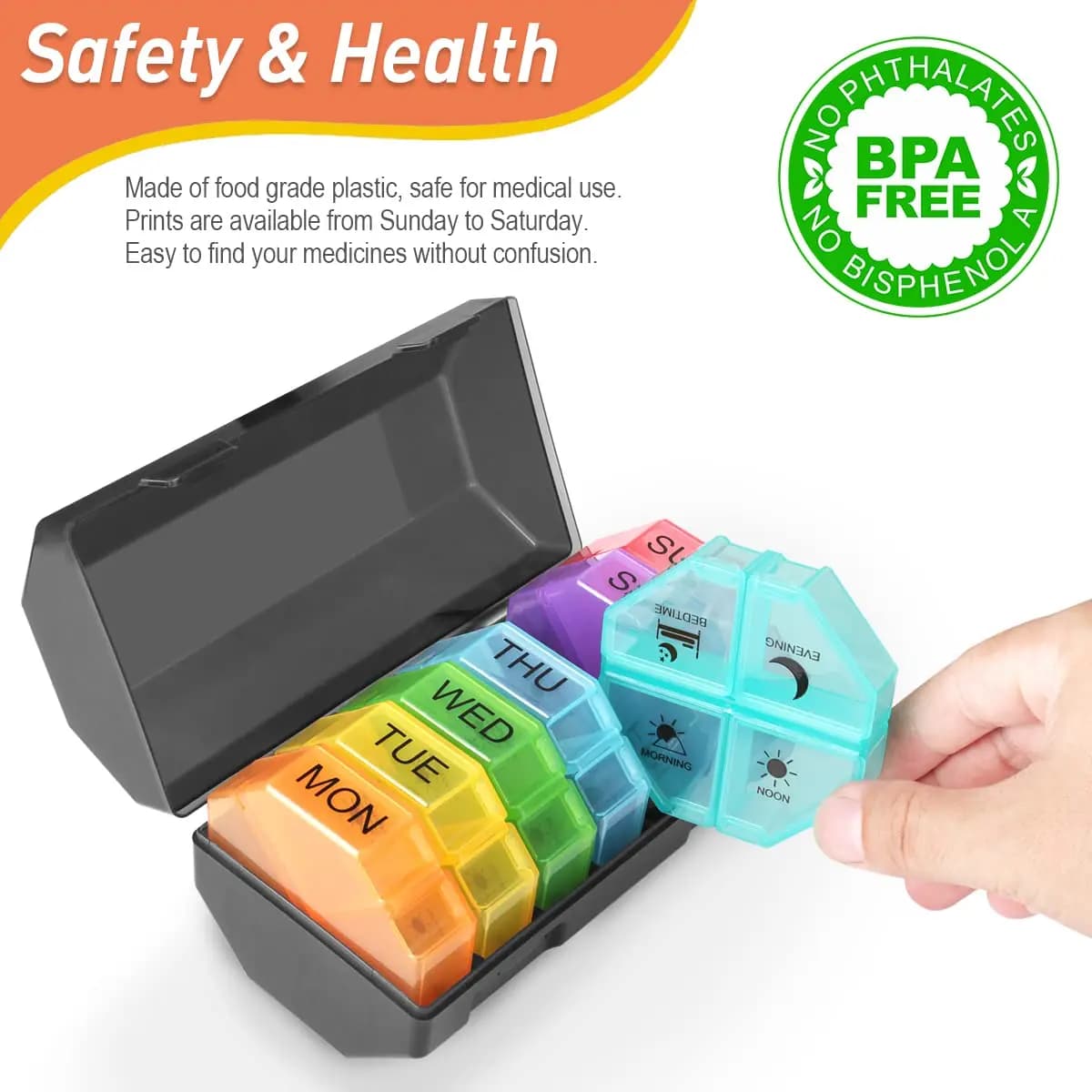 Organizer of pills 4 compartments Portable 7-day weekly travel medicine case for vitamin medicine dispenser