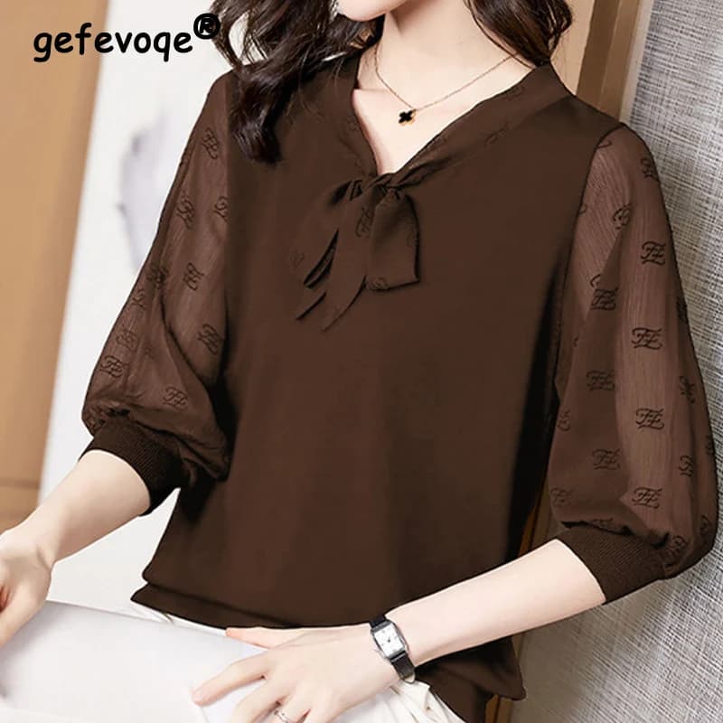 Chiffon shirt with coulisse patchwork solid elegant fashion Autumn 2025 Half sleeve wide pullover with V-neck Shirt Ladies Clothing