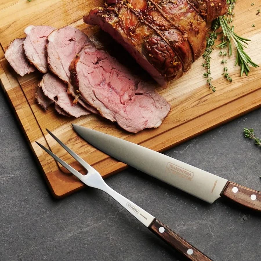 3 Piece Polywood Brisket Carving Set, Half-Tang and Teak Wood Cutting Board