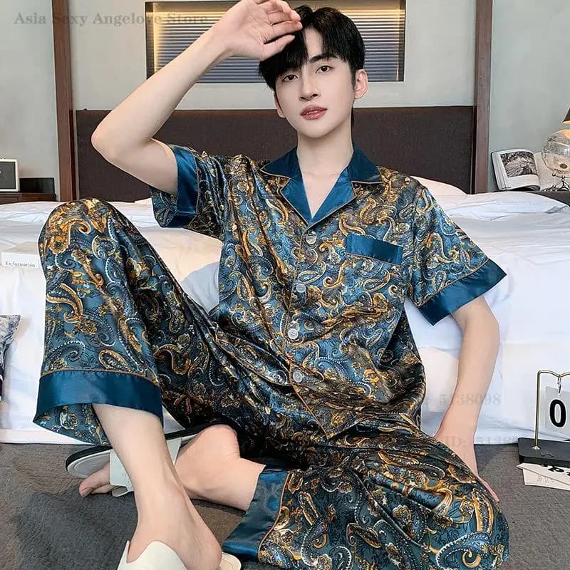 Pigiama da Uomo 2 Pezzi con Stampa Drago, Abbigliamento Casual da Casa, Camicia e Pantaloni Sexy, Completo in Raso Setoso