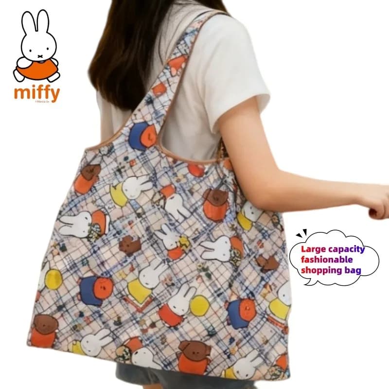 Sweet and Cute Miffy Rabbit Shopping Bag Large Foldable Cartoon Pattern Oxford Bag Durable Grocery Shopping Reusable Bag