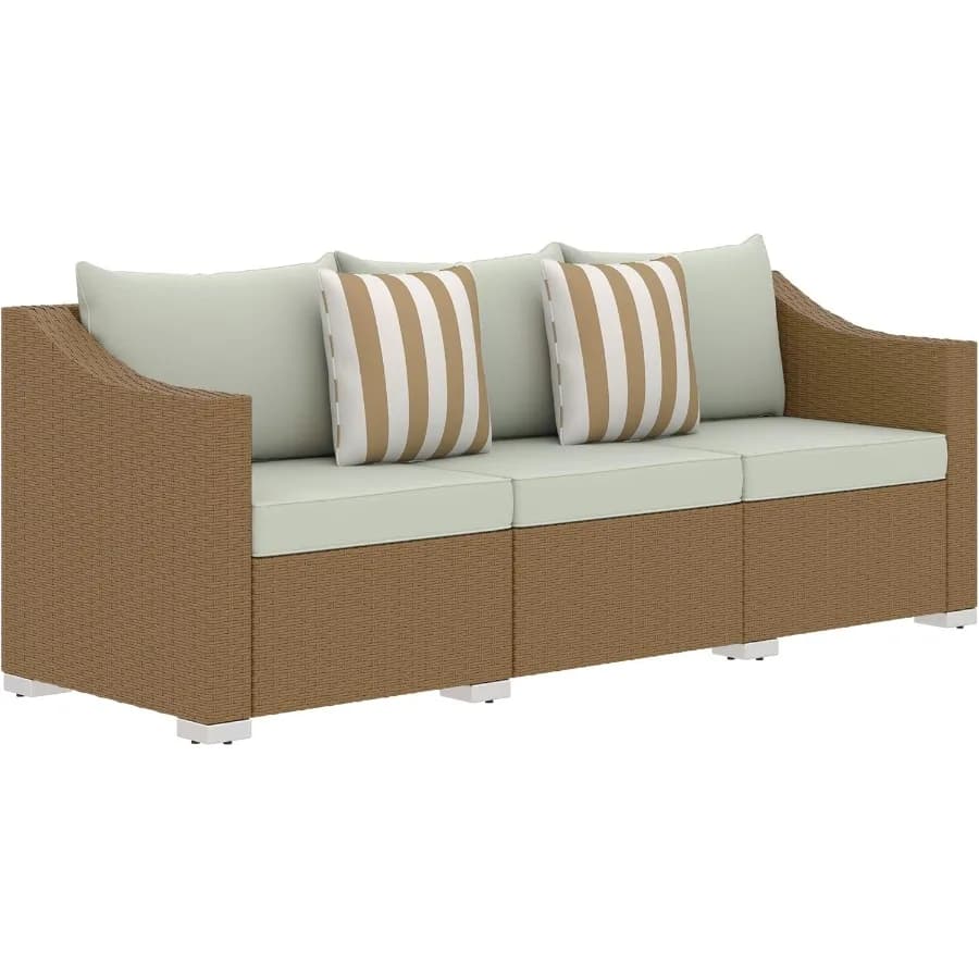 3 Seater Patio Sofa with Cushions Outdoor Furniture Rattan Couch with 2 Throw Pillows Deep Seating Comfort for Garden Backyard