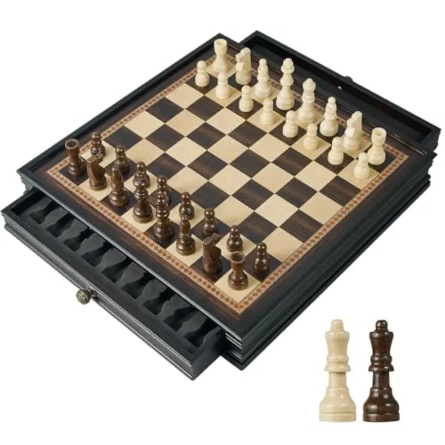 Set di Scacchi in Legno da 12,5'' per Casa, Ufficio, Viaggio, Pezzi Magnetici in Legno Naturale Marrone con 2 Cassetti di Stoccaggio Integrati, 2 Pezzi Extra