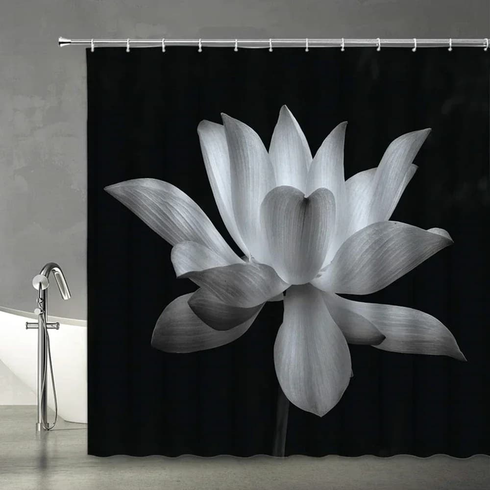 Tenda da doccia Lotus fiore bianco e nero magico elegante floreale su sfondo nero moderna semplice arte unica tenda da bagno per donna