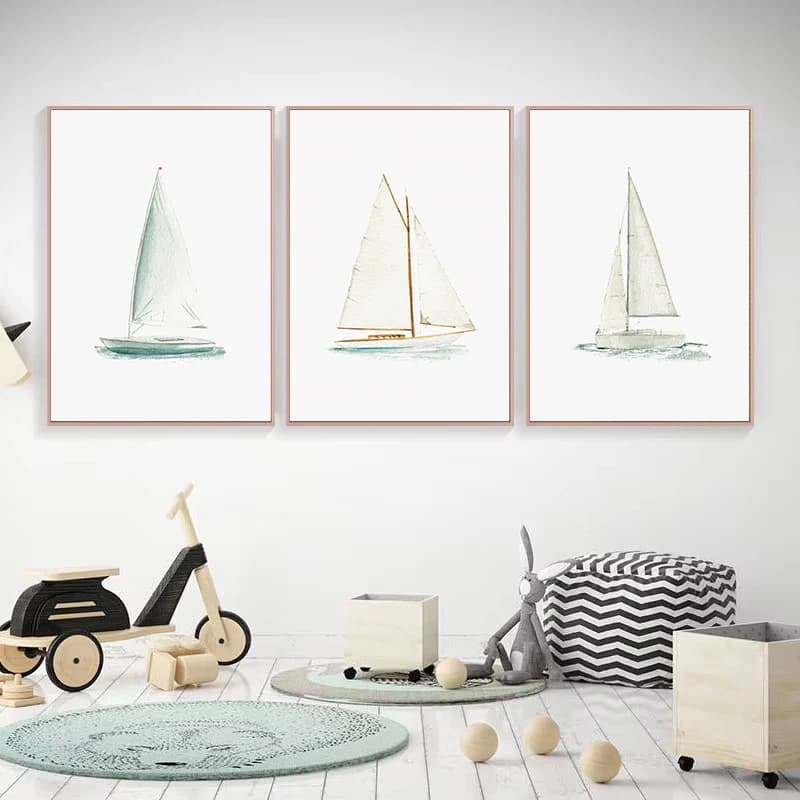 Minimalist Sailboat Nautical Coastal Beach Seascape Poster Canvas Painting Wall Art Pictures for Nursery Living Room Home Dec