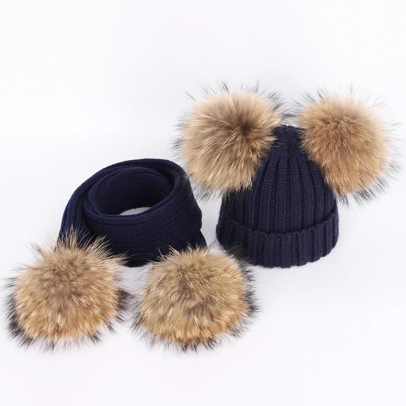Vere palline di pelliccia di procione bambini cappello lavorato a maglia sciarpa set autunno inverno addensare caldo ragazzi ragazze cappello bavaglino 2 pezzi abiti