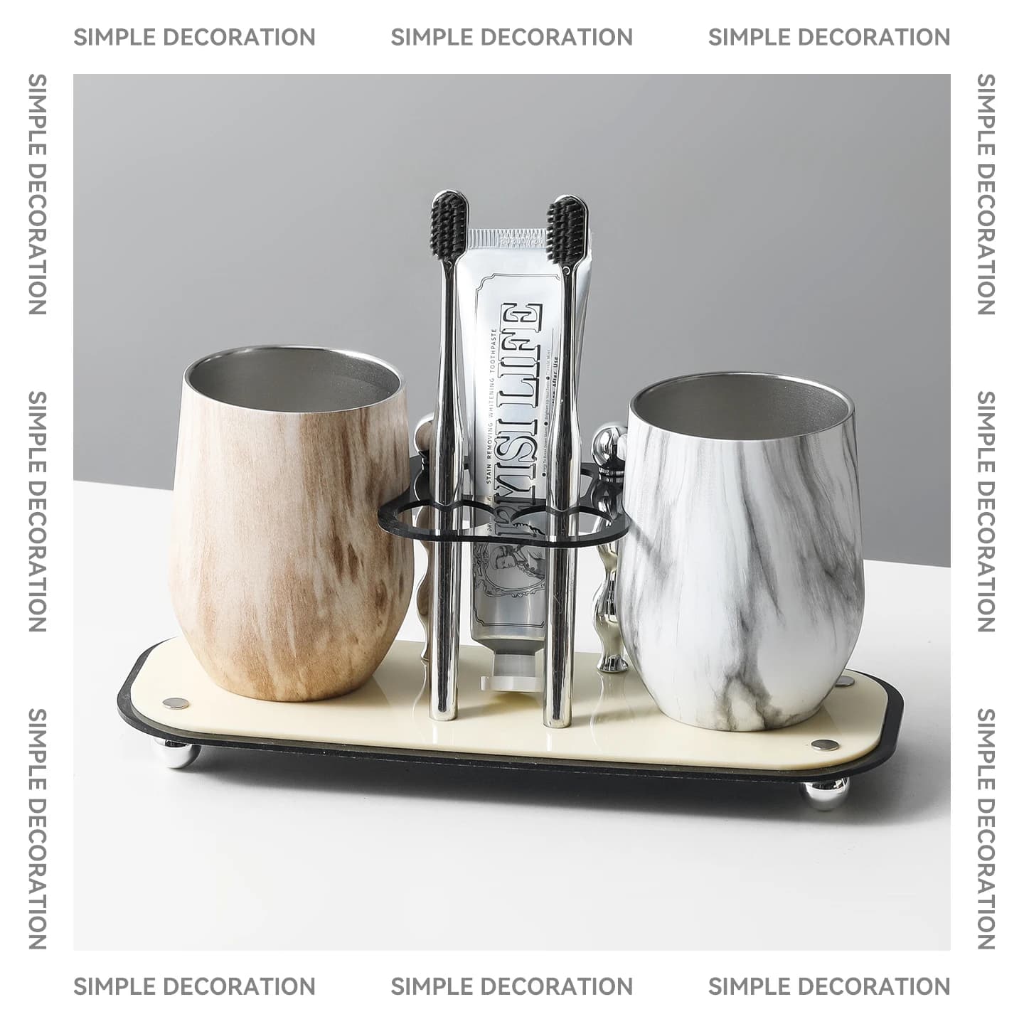 Set di bicchieri porta spazzolini in acciaio inossidabile con texture legno, stile nordico, per coppia, creativi, per bagno