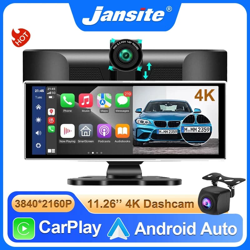 Dash Cam Wireless CarPlay e Android Auto da 11,26 pollici 4K DVR Bluetooth Audio Navigazione GPS Cruscotto Videoregistratore a doppia lente