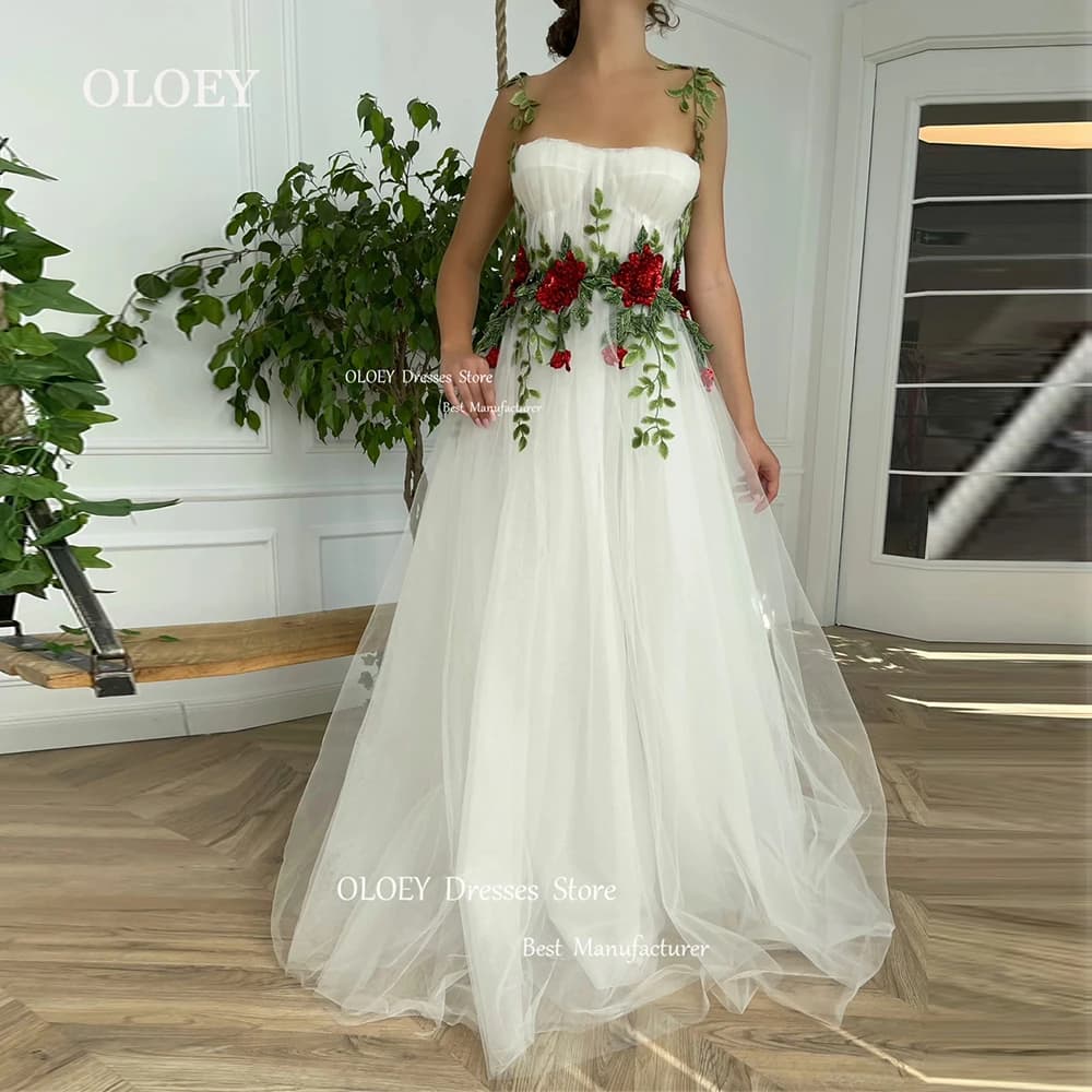 OLOEY Abiti da sposa con squisite decorazioni floreali, senza maniche, con spalline sottili, lunghezza fino al pavimento, linea ad A, abiti da sposa Robe De Marriage