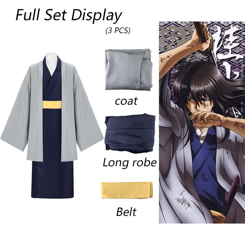 Set Costume Kimono Samurai Giapponese da Uomo con Cappotto Haori Grigio e Cintura Gialla per Cosplay di Halloween