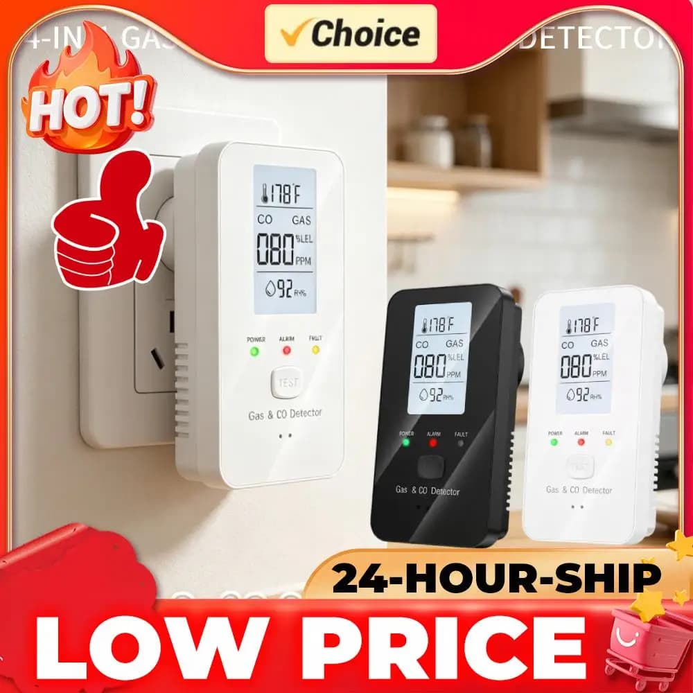 HD Digital Display Carbon Monoxide Detectors EU/US Plug in Detector 4-in-1 Gas & Carbon Monoxide Detector Temp & Humidity Tester